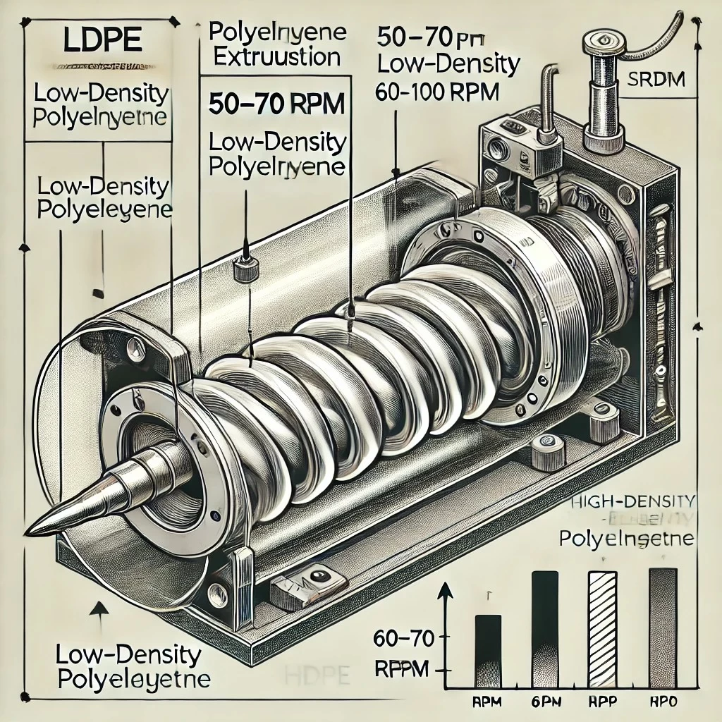 Изображение с технической иллюстрацией скорости вращения шнека готово. Оно демонстрирует диапазоны скоростей для полиэтилена низкой (50–70 об/мин) и высокой плотности (60–100 об/мин) с соответствующими аннотациями и визуализацией потока материала внутри экструдера.