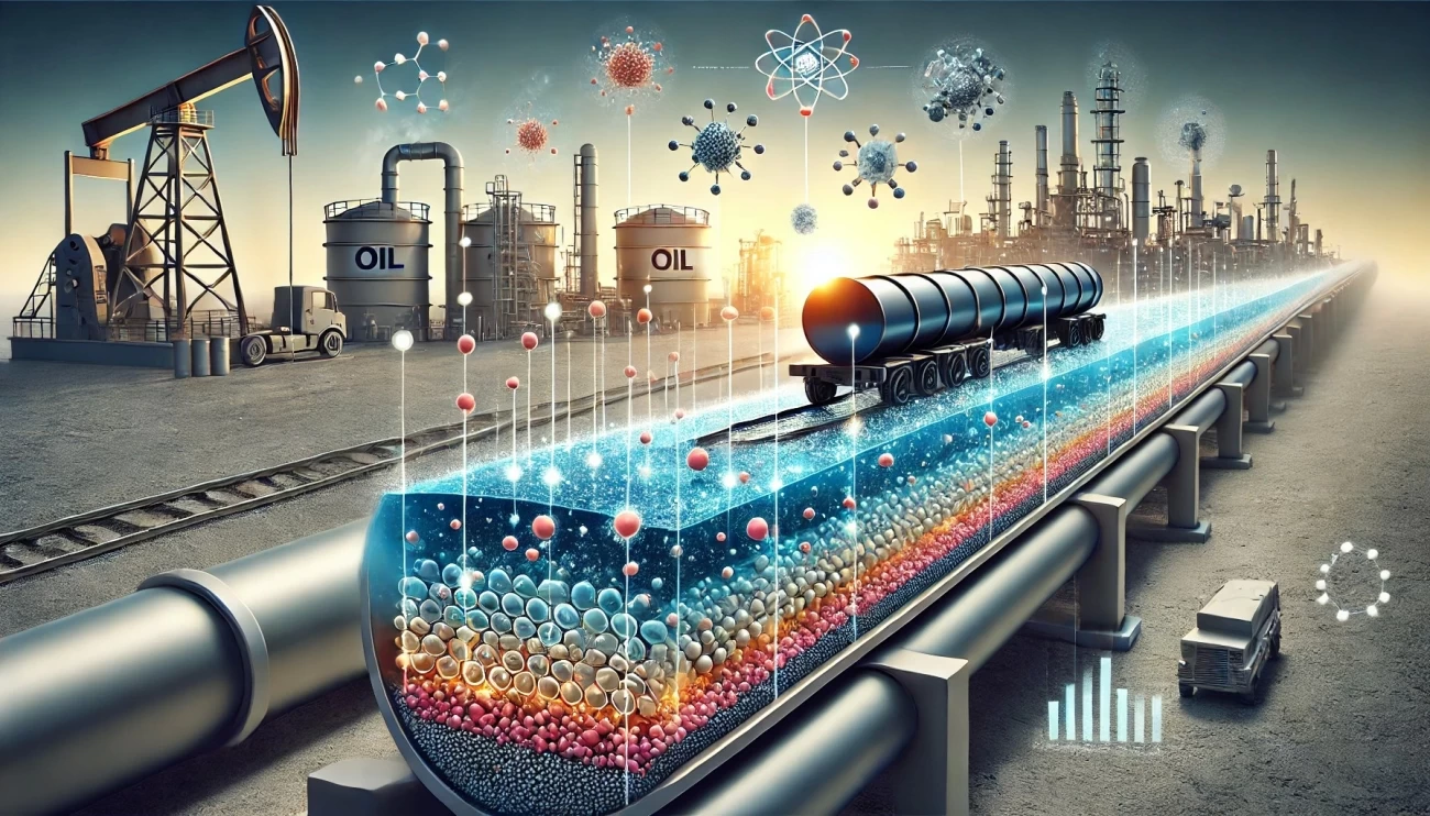 иллюстрация, демонстрирующая транспортировку нефти с использованием нанотехнологий для повышения ее стабильности. 