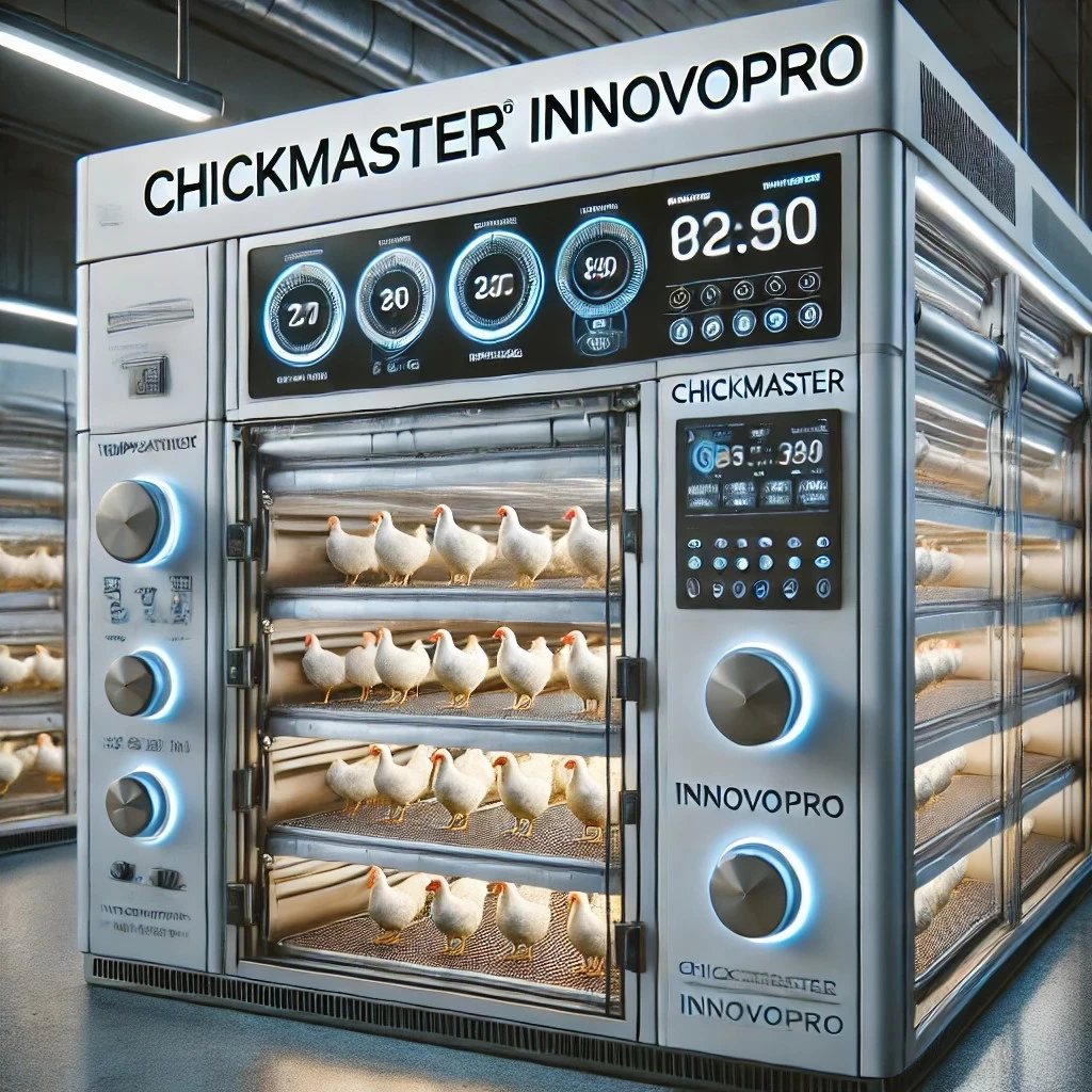 На изображении показана современная инкубационная система ChickMaster InnovoPro в профессиональной птицефабрике.