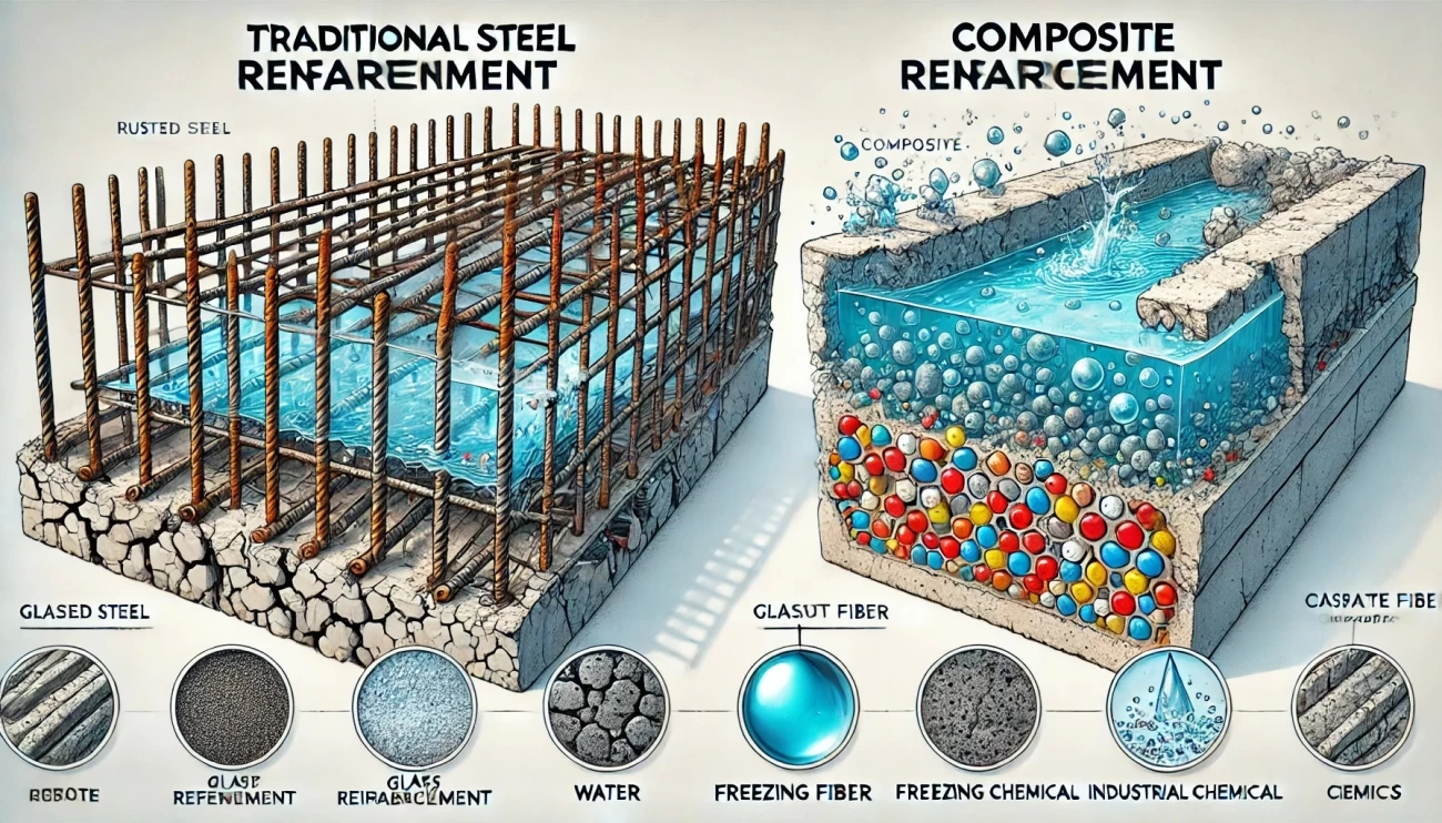 Иллюстрация показывает сравнение традиционной стальной арматуры и композитной арматуры, подчеркивая их устойчивость к коррозии в различных условиях.