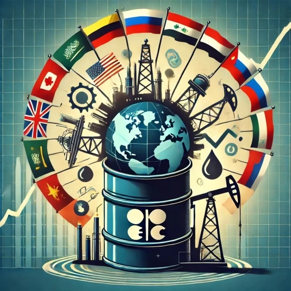 изображение, иллюстрирующее роль ОПЕК+ в регулировании мирового нефтяного рынка. Оно включает символические элементы, такие как нефтяная бочка с глобусом, нефтяные вышки, трубопроводы, флаги стран-участниц и график цен на нефть.