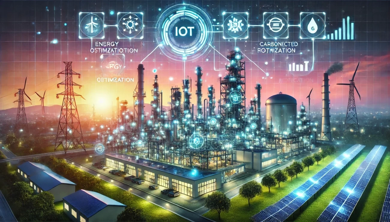 изображение, иллюстрирующее будущее внедрения умных технологий и IoT на нефтеперерабатывающих заводах, ориентированное на энергоэффективность, устойчивое развитие и сокращение углеродного следа.