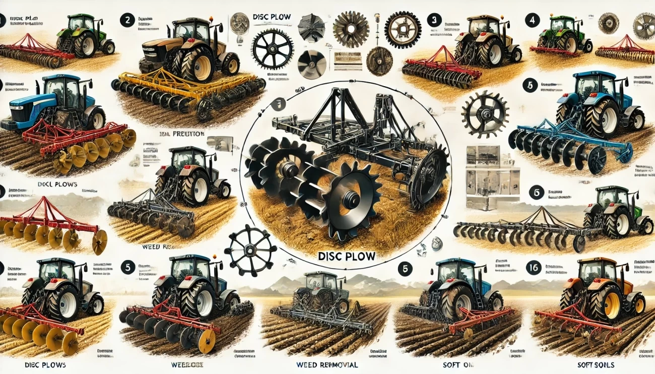Изображение иллюстрирует различные типы дисковых плугов, их конструктивные особенности и подходящие условия для использования.