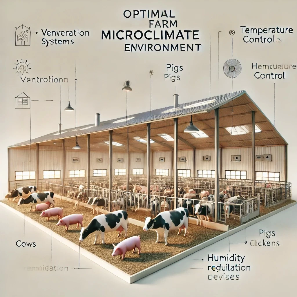 Иллюстрация, представляющая оптимальный микроклимат на ферме. На изображении показано комфортное размещение животных с соблюдением всех условий: вентиляции, освещения, регулирования температуры и влажности.