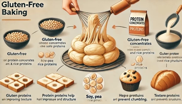 белковые концентраты, такие как соевый, гороховый и рисовый белок, помогают улучшить текстуру и структуру безглютеновой выпечки.