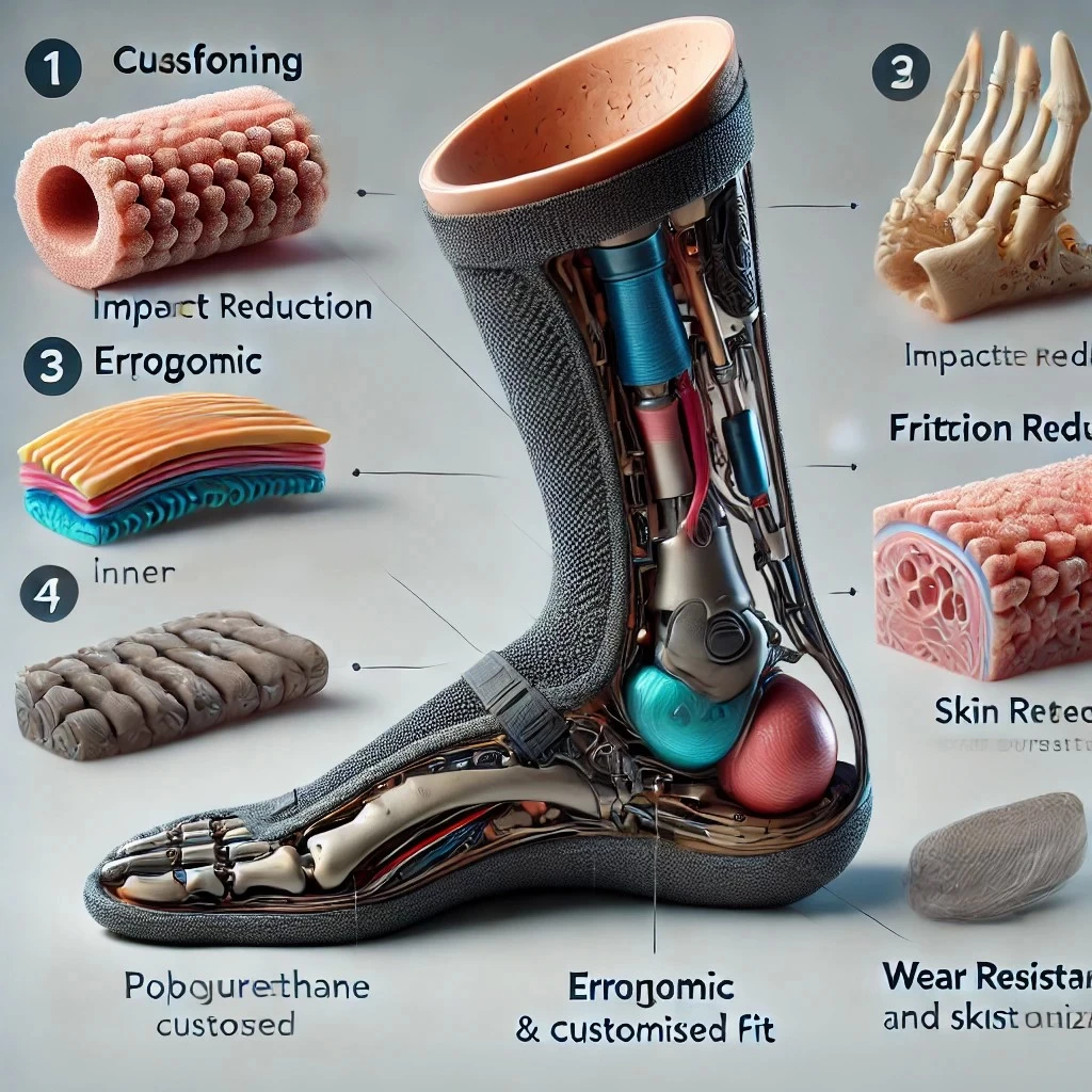 изображение, которое представляет ключевые функциональные качества современных протезных материалов для нижних конечностей, охватывающее такие аспекты, как амортизация, эргономичная посадка, защита кожи и долговечность. 