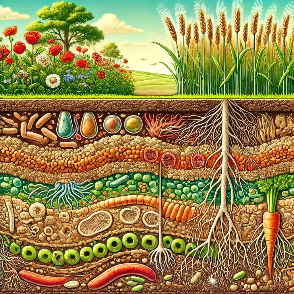 На изображении показано перекрестное сечение почвы, которое демонстрирует роль микроорганизмов в здоровье почвы и урожайности. В нижней части изображения можно увидеть слои почвы, насыщенные микроорганизмами: бактериями, грибами и микоризой, которые взаимодействуют с корнями растений. Эти микроорганизмы способствуют разложению органического вещества, улучшению структуры почвы и снабжению растений питательными веществами.