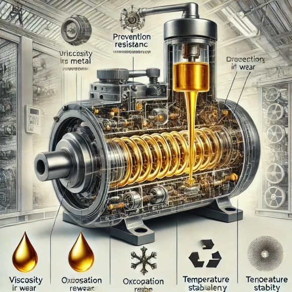 изображение, иллюстрирующее роль компрессорного масла в работе оборудования. Оно показывает, как масло снижает трение, защищает детали от износа и обеспечивает герметичность, а также выделяет ключевые свойства, такие как вязкость, устойчивость к окислению и температурная стабильность.