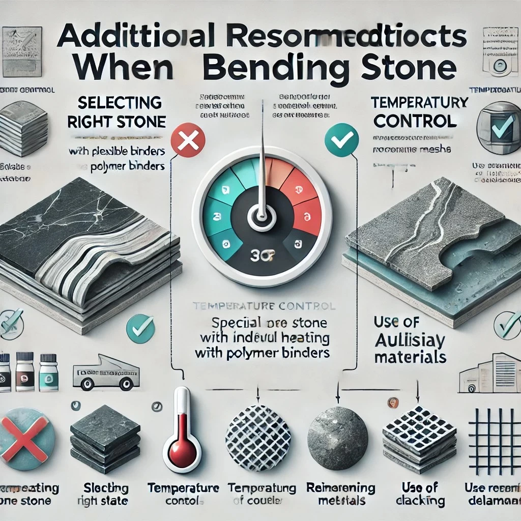инфографика с дополнительными рекомендациями для предотвращения дефектов при гибке камня. Она иллюстрирует выбор подходящего камня, контроль температуры и использование вспомогательных средств.