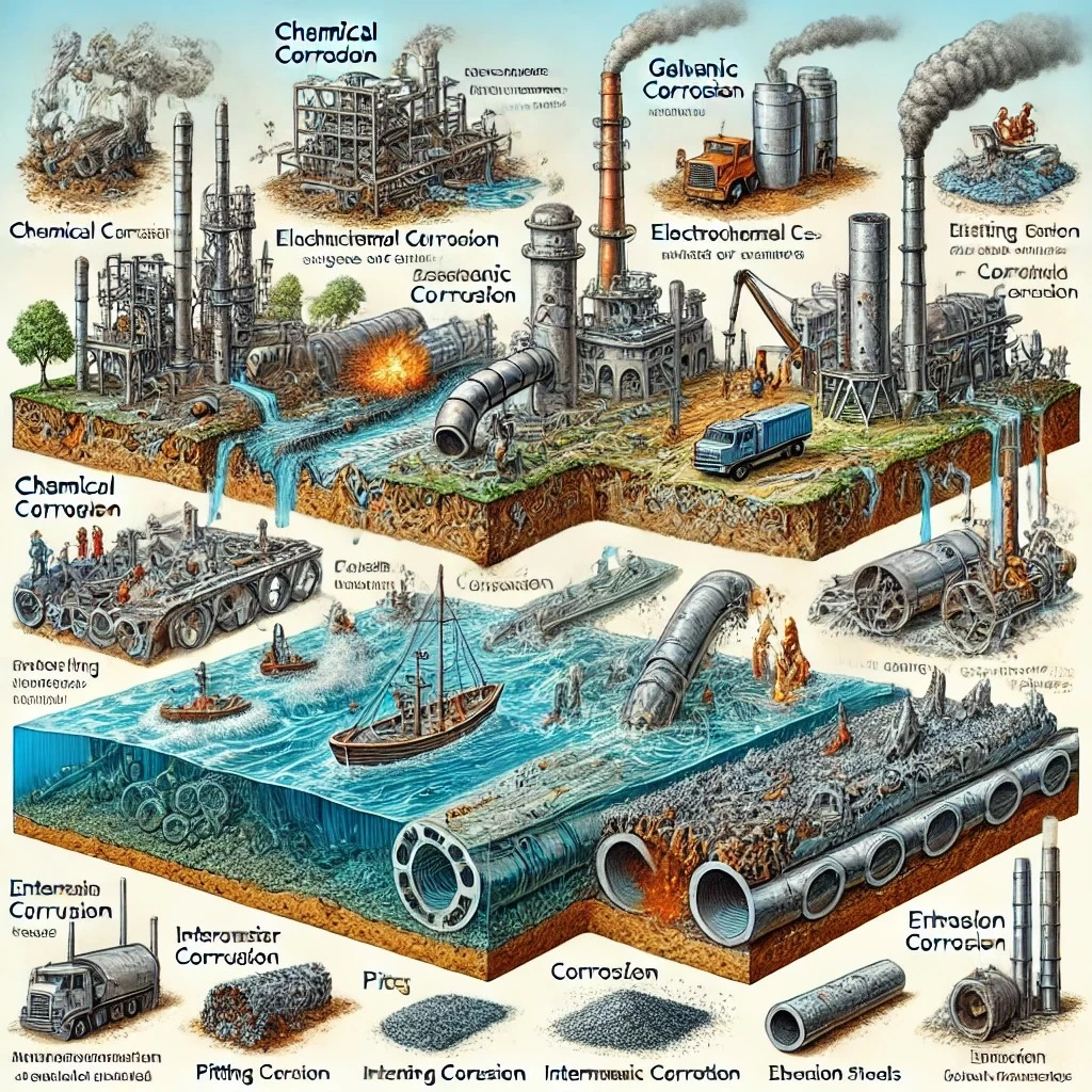 изображение, иллюстрирующее различные типы коррозии металлов и их причины.