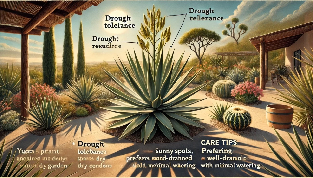 изображение, демонстрирующее юкку в саду, подчеркивающее её засухоустойчивость и экзотический вид. Оно также включает советы по уходу: солнечные места, дренированная почва и редкий полив