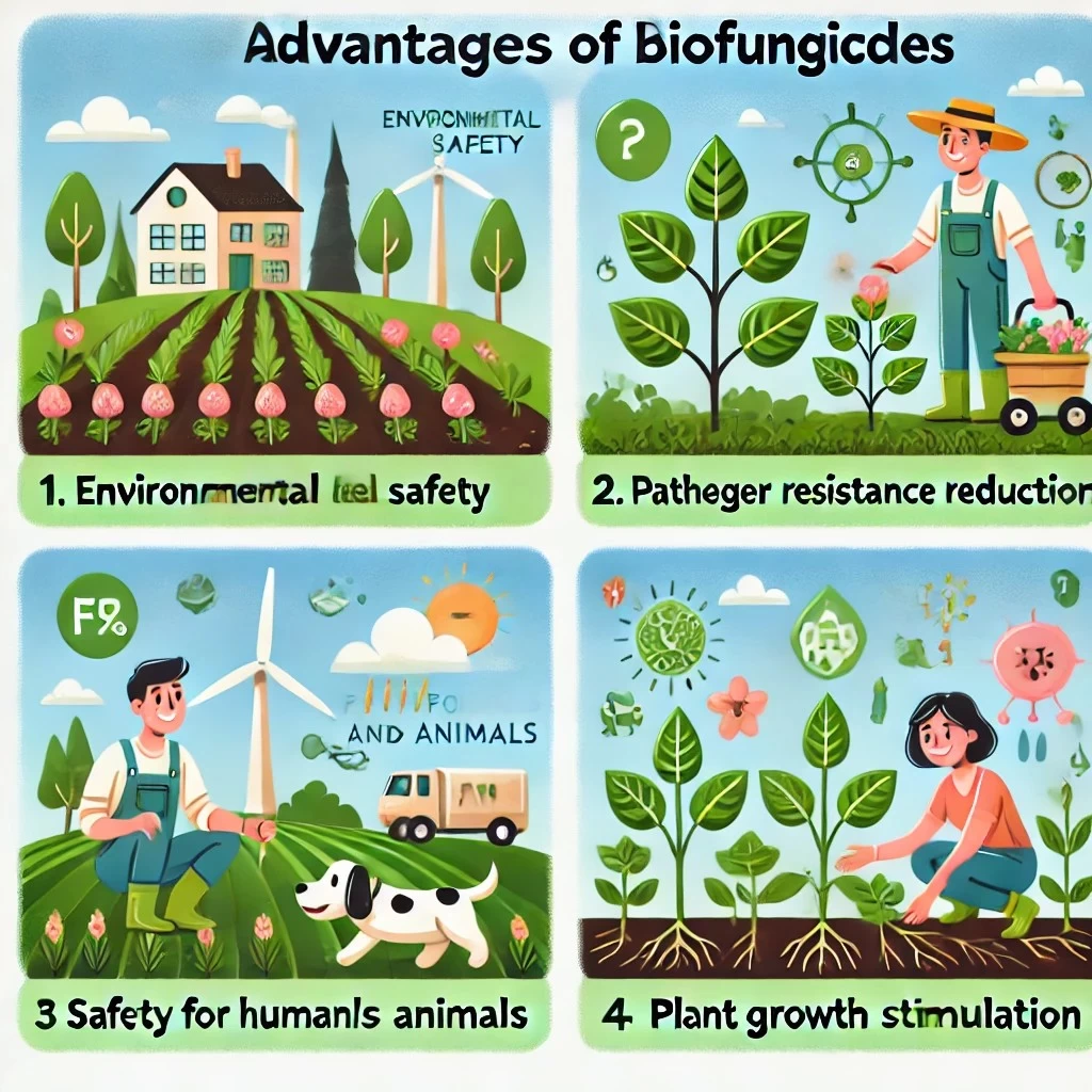 изображение, иллюстрирующее преимущества биофунгицидов, с акцентом на экологическую безопасность, снижение устойчивости патогенов, безопасность для людей и животных и стимуляцию роста растений. 