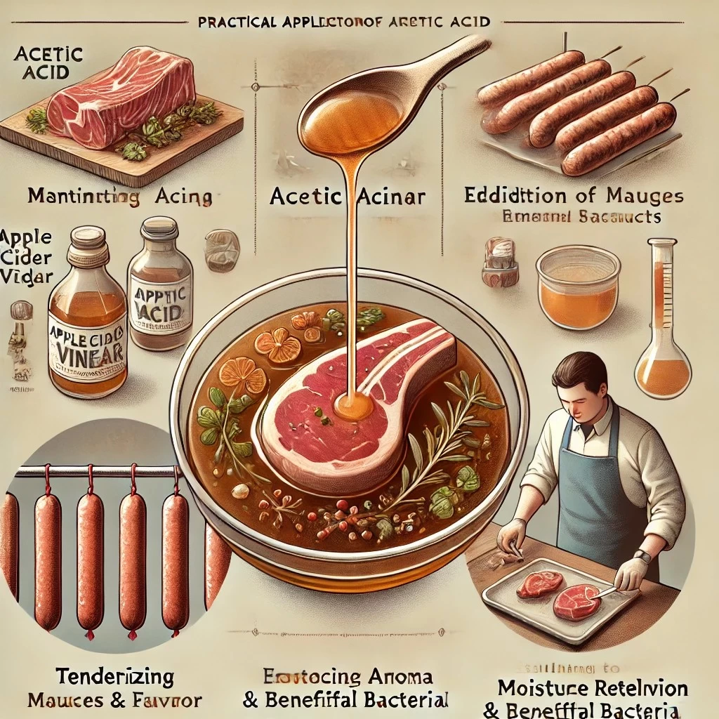 инфографика, иллюстрирующая практическое применение уксусной кислоты в мясопереработке. Она включает ключевые моменты: маринование, ферментацию, добавление в соусы и контроль pH. 