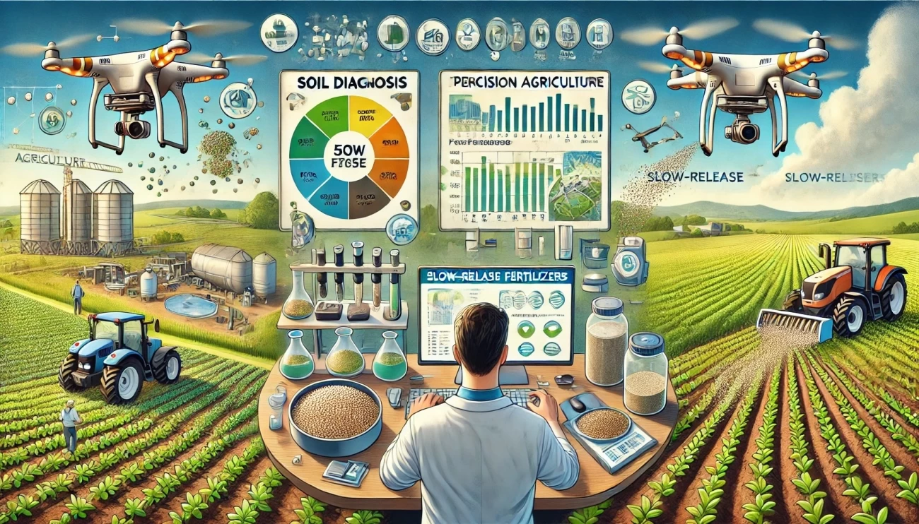 Изображение демонстрирует рациональное применение удобрений: диагностику почвы, точное земледелие и использование медленно растворимых удобрений. 