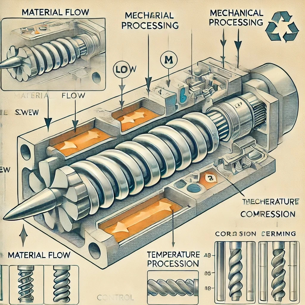Изображен диagrama шнека в экструдере, показывающая его ключевые функции: поддержание потока материала, механическая обработка, температурное воздействие и формирование/сжатие.
