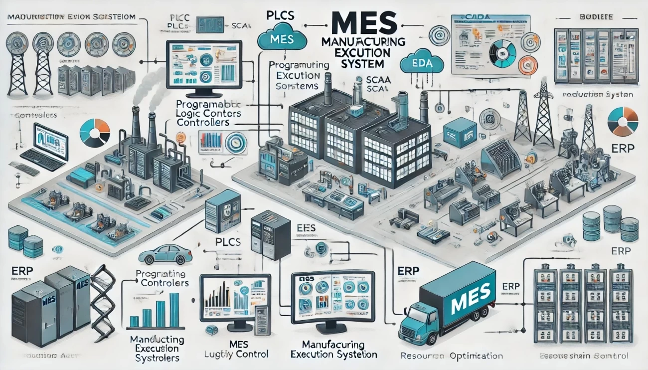 изображение, иллюстрирующее работу системы MES (Manufacturing Execution System) в промышленной автоматизации. Оно показывает связь между уровнями управления: SCADA и PLC на нижнем уровне, MES в центре управления производственными процессами и ERP на верхнем уровне для интеграции бизнес-операций.