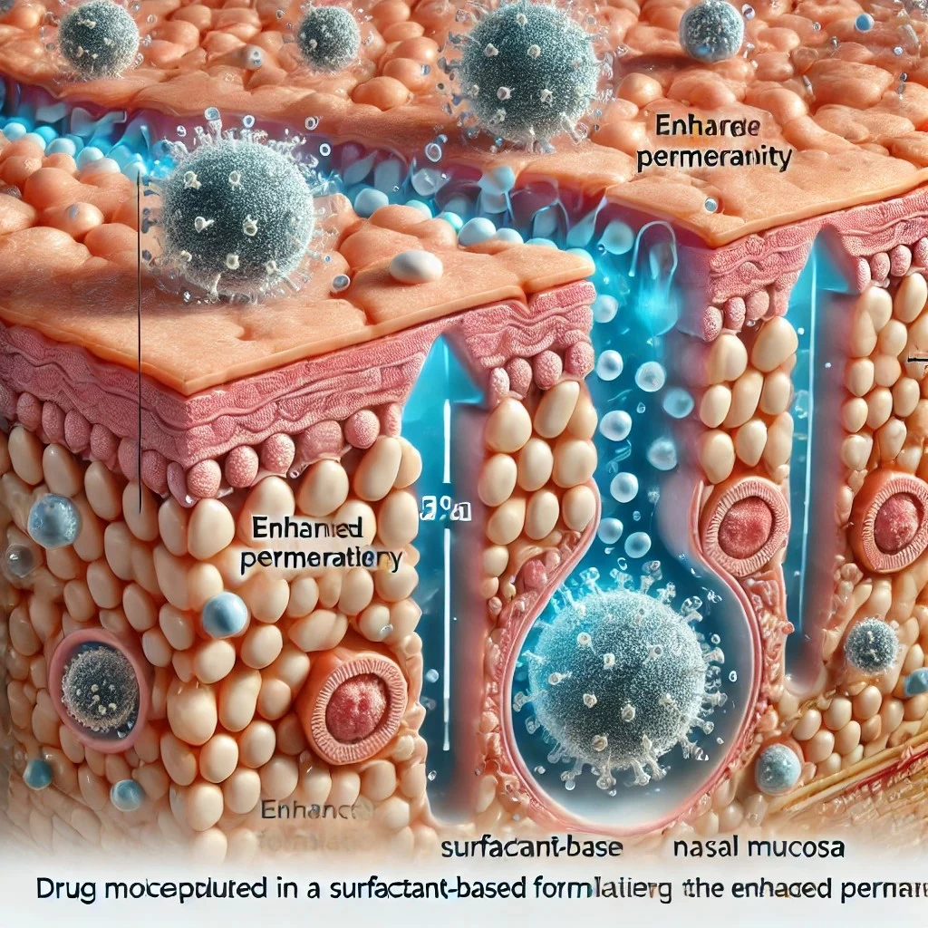 иллюстрация, демонстрирующая механизм действия пермеабилизаторов в доставке лекарственных веществ через кожный и слизистый барьер. Она наглядно показывает, как ПАВ облегчают проникновение молекул лекарства, улучшая их биодоступность.
