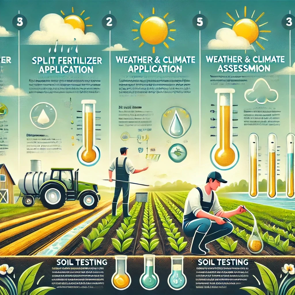 изображение с практическими рекомендациями для аграриев. Оно иллюстрирует три ключевых аспекта: разделенное внесение удобрений, учет погодно-климатических условий и тестирование почвы.