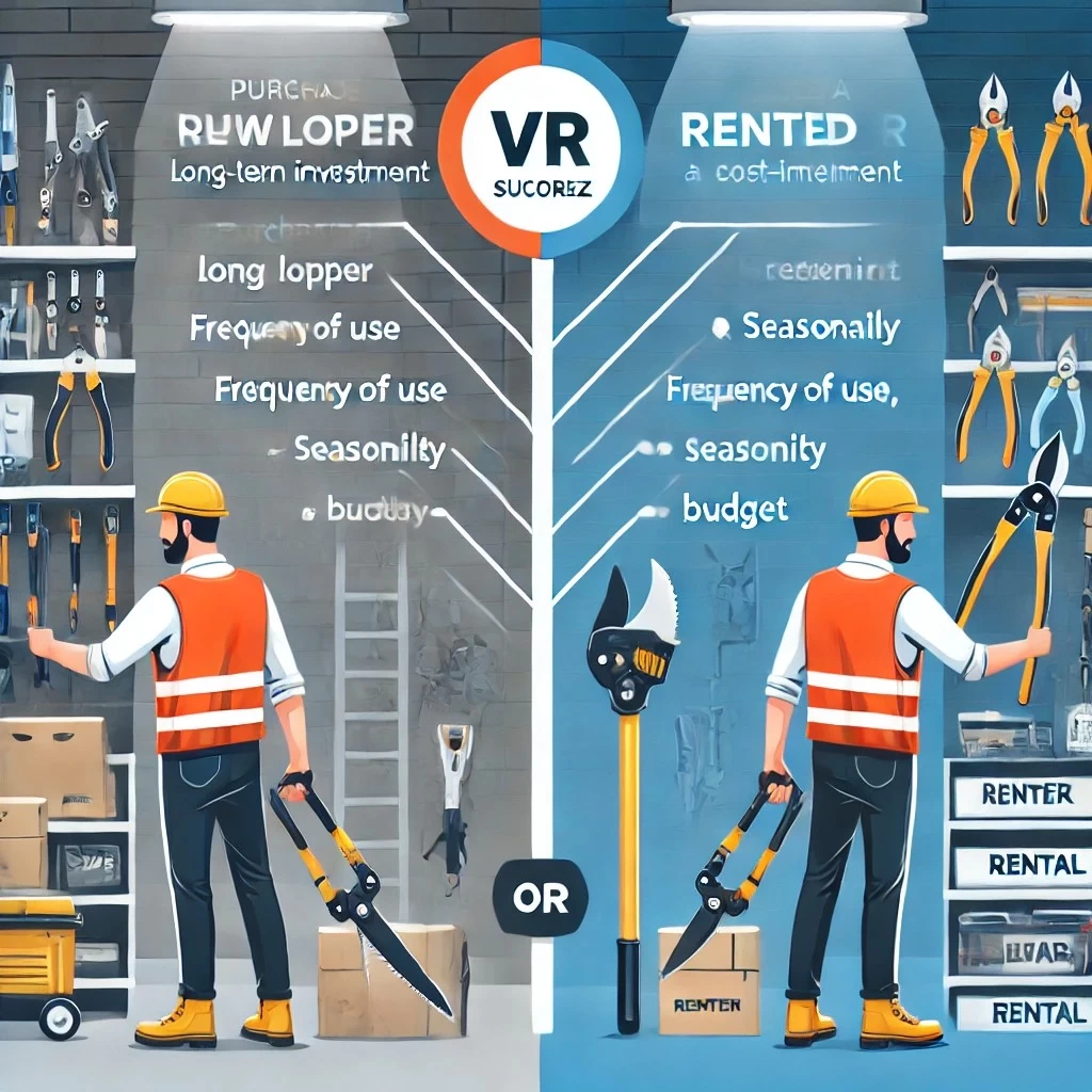 Изображение демонстрирует процесс выбора между покупкой и арендой сучкорезов для бизнеса, связанного со строительством, ландшафтным дизайном и садоводством, с учётом частоты использования, сезонности и бюджета.