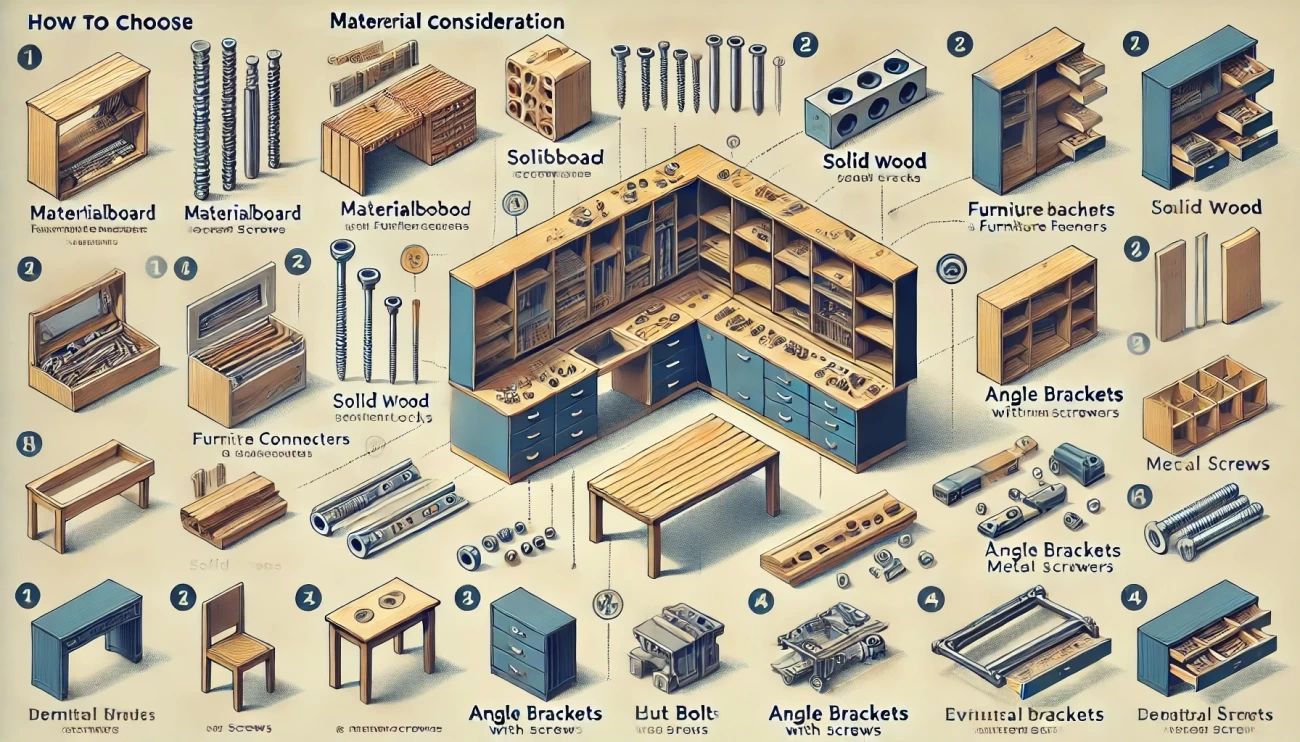 изображение, иллюстрирующее основные соображения по выбору мебельных крепежей, сегментированных по типу материала, конструкции, нагрузке, декоративным аспектам и условиям окружающей среды. 