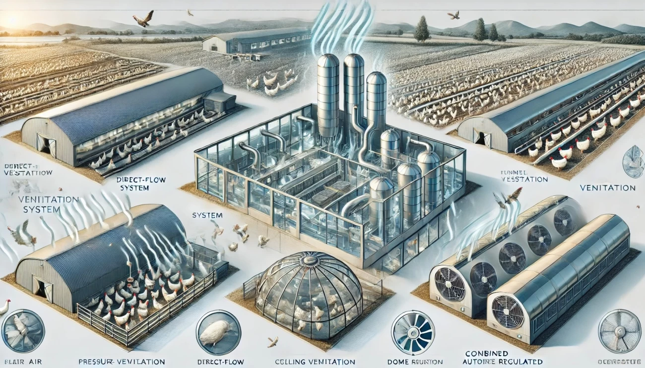 изображение, демонстрирующее современные вентиляционные системы для птицеферм с различными типами систем. 