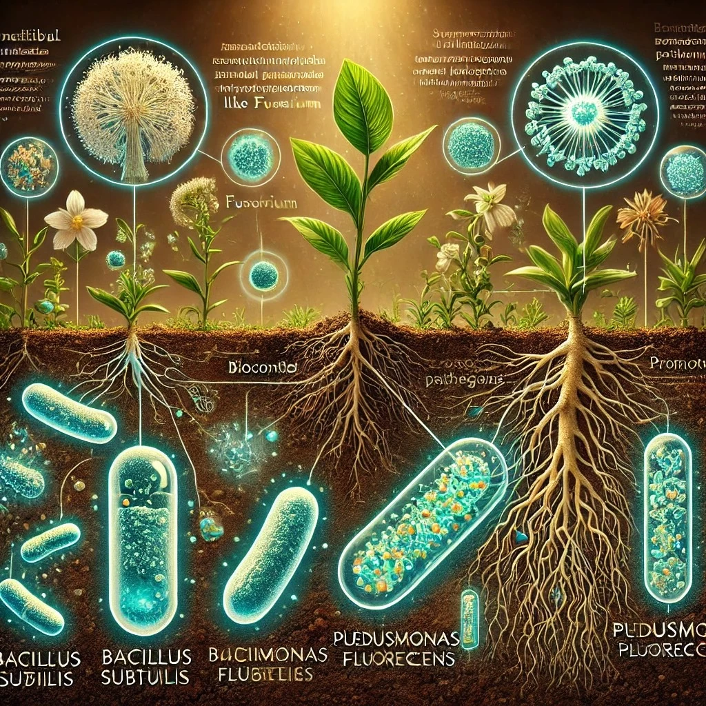 научная иллюстрация, демонстрирующая действия бактерий Bacillus subtilis и Pseudomonas fluorescens.