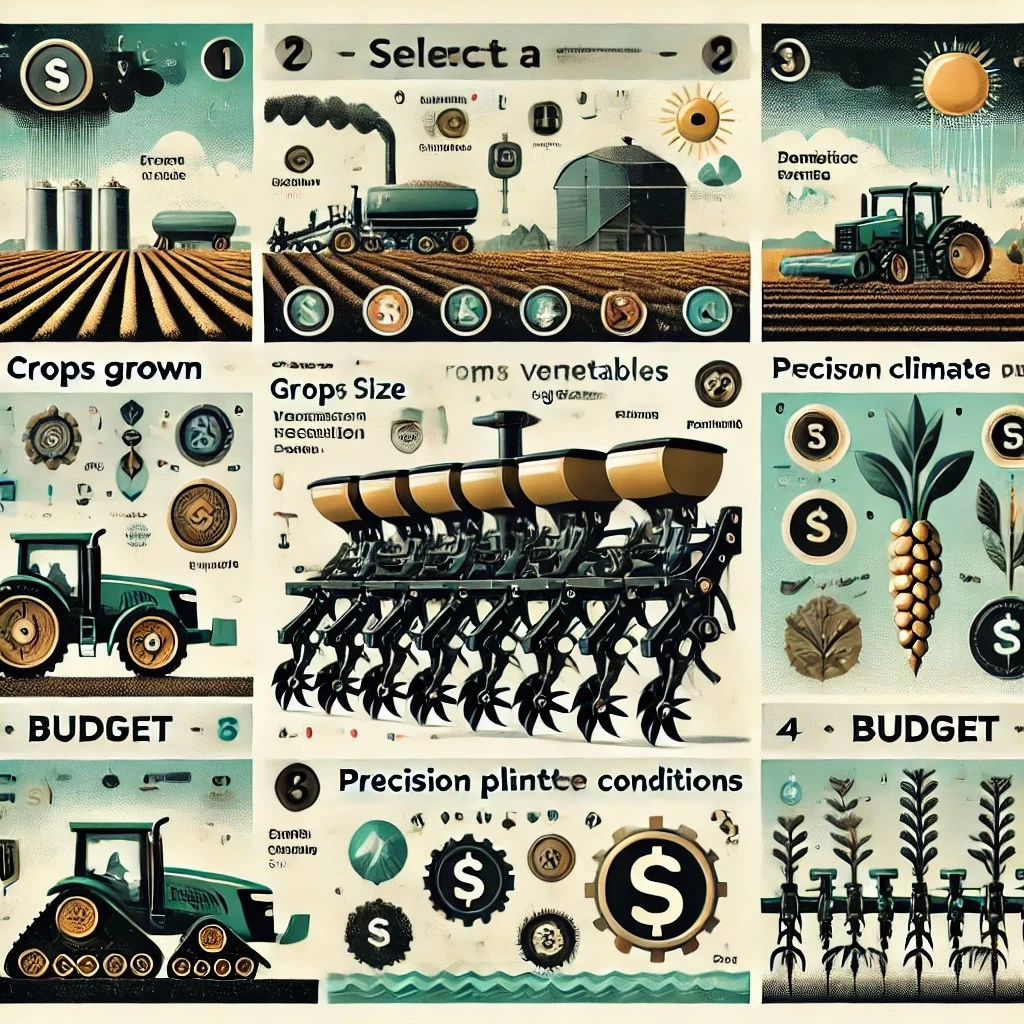 изображение, обобщающее основные факторы выбора сеялки для вашей фермы. Оно охватывает типы культур, размер фермы, почву и климат, а также бюджет, с четкими визуальными образами и этикетками, чтобы сделать его понятным и полезным для планирования. 