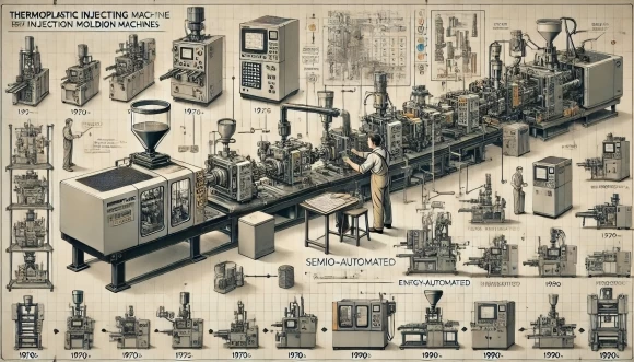 визуальная хронология, которую вы запросили, иллюстрирующая историю и эволюцию термопластичных литьевых машин от механических истоков до автоматизированных современных конструкций. 