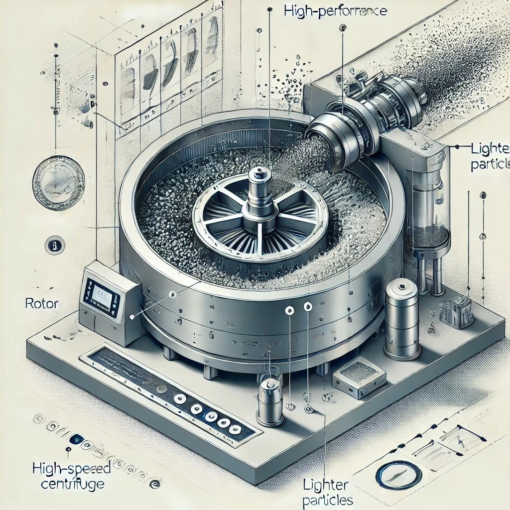 На изображении представлена промышленная центрифуга в разрезе, демонстрирующая процесс разделения частиц.