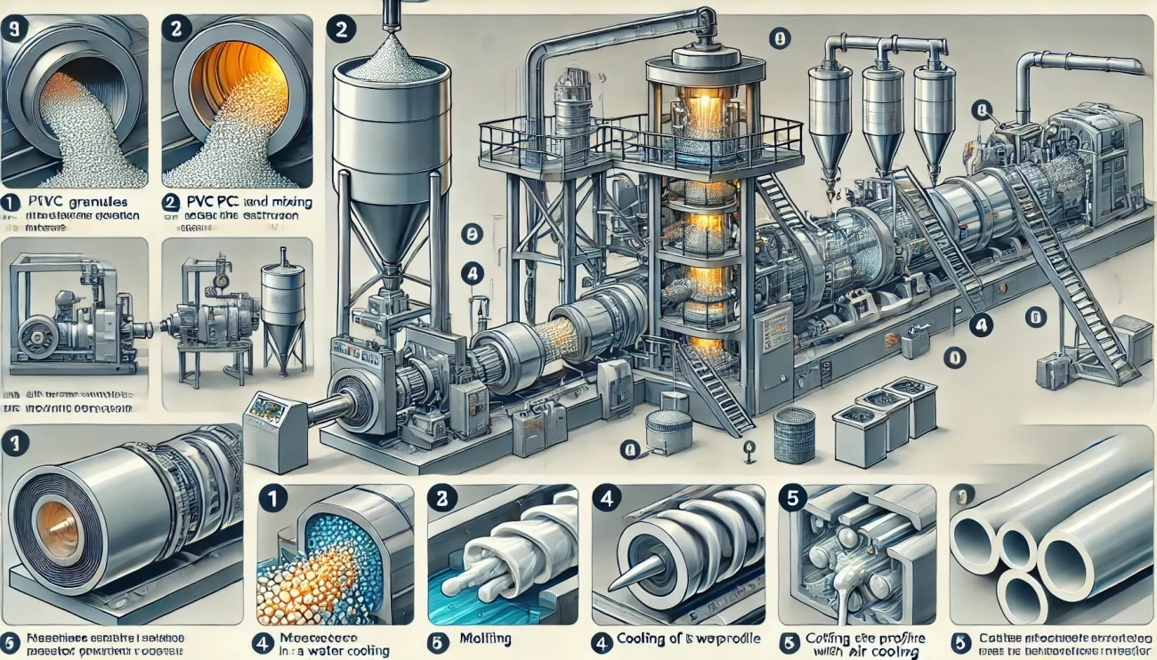  иллюстрация процесса экструзии ПВХ, охватывающая каждый шаг от подачи гранул до стадии резки конечного продукта в заводских условиях