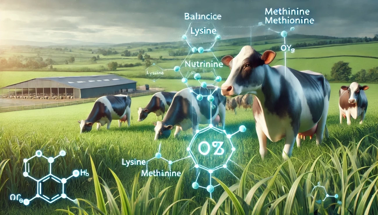 изображении изображены молочные коровы в среде, богатой питательными веществами, что подчеркивает важность лизина и метионина в их рационе для оптимального роста.