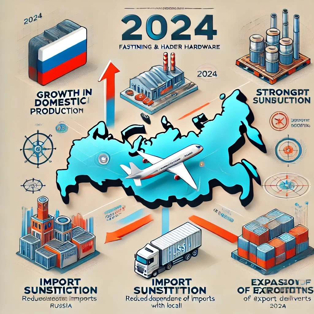 визуализация тенденций рынка метизов и крепежа в России в 2024 году, которая включает ключевые тренды: рост внутреннего производства, импортозамещение и расширение экспортных поставок
