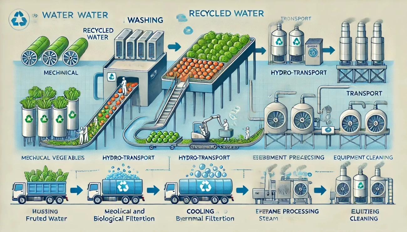 инфографика, иллюстрирующая применение рециркулированной воды на производстве овощей и фруктов. Она включает этапы мойки, транспортировки, охлаждения и очистки оборудования с использованием очищенной воды.