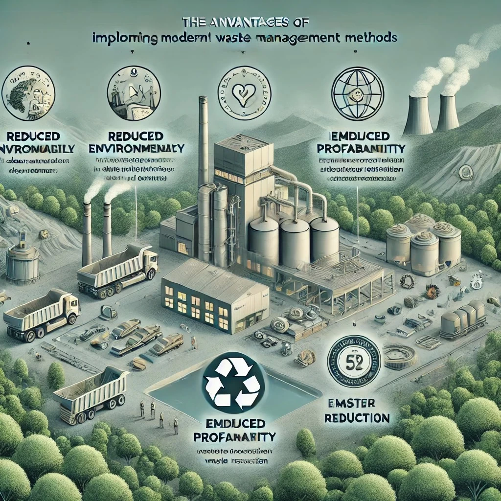 изображение, представляющее преимущества внедрения современных методов переработки отходов на горнодобывающих предприятиях. Оно включает визуализацию экологической устойчивости, рентабельности, улучшения репутации и уменьшения отходов.
