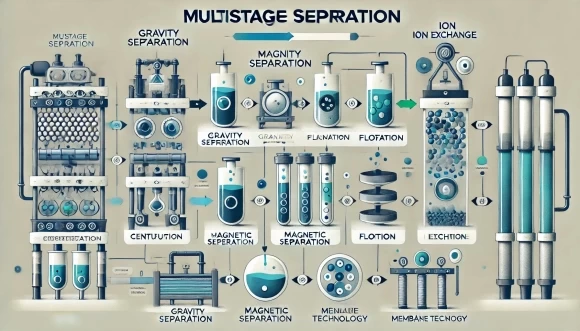 инфографическая иллюстрация принципов многоступенчатого разделения, на которой этапы иллюстрируют центрифугирование, гравитационное разделение, магнитное разделение, флотацию, фильтрацию, ионный обмен и мембранную технологию. Каждый этап показывает отдельное разделение компонентов, последовательно протекающее через этапы