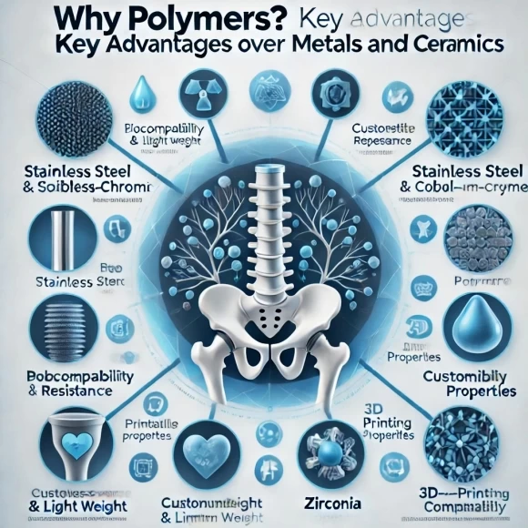 инфографика, сравнивающая полимеры, металлы и керамику для медицинских имплантатов, с основными преимуществами полимерных материалов