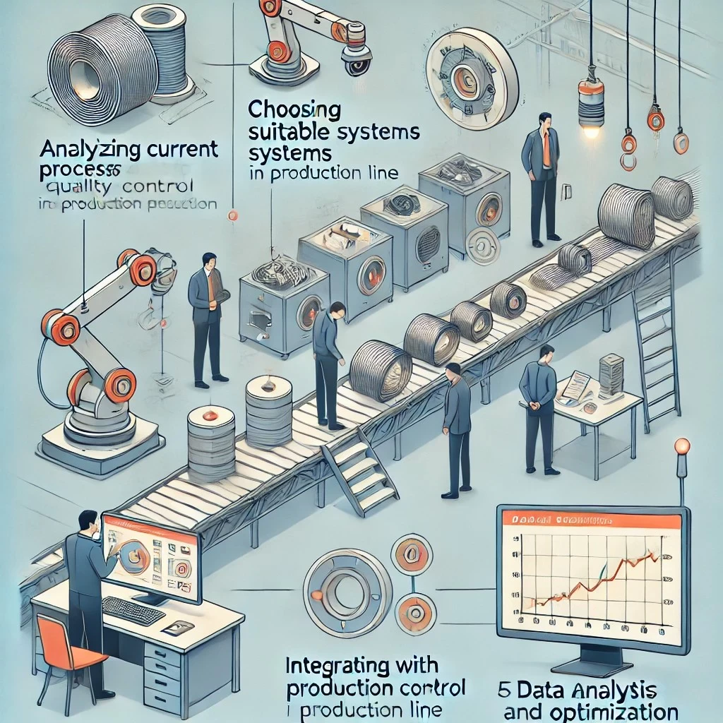 инфографика, иллюстрирующая процесс внедрения автоматизированного контроля качества в производстве проволоки. Включены ключевые этапы: анализ текущих процессов, выбор технологий, интеграция с линией, обучение персонала и анализ данных