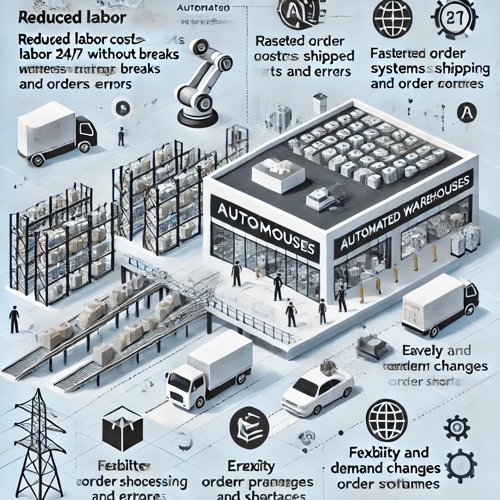 изображение с преимуществами автоматизированных складов. Оно подчеркивает ключевые аспекты: снижение затрат на персонал, увеличение скорости обработки заказов, минимизацию ошибок и гибкость систем.