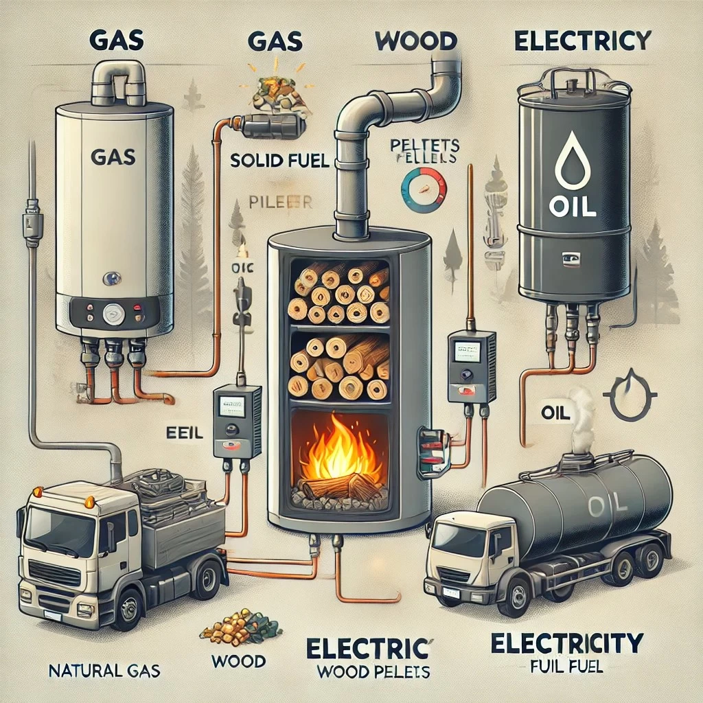 иллюстрация, показывающая различные виды топлива для котлов: газ, твердое топливо (дрова, пеллеты), электричество и жидкое топливо. Изображение наглядно демонстрирует различия в системах отопления.