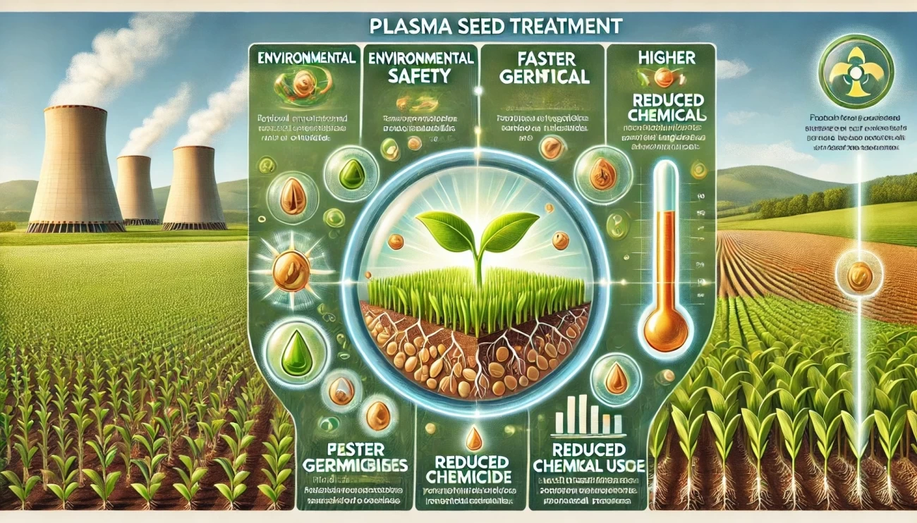 иллюстрация, показывающая преимущества плазменной обработки семян. Каждый раздел представляет ключевое преимущество: безопасность для окружающей среды, более быстрое прорастание, сокращение использования химикатов и более высокий урожай, организованные в современном, визуально привлекательном макете, чтобы подчеркнуть экологические и производственные улучшения этого метода
