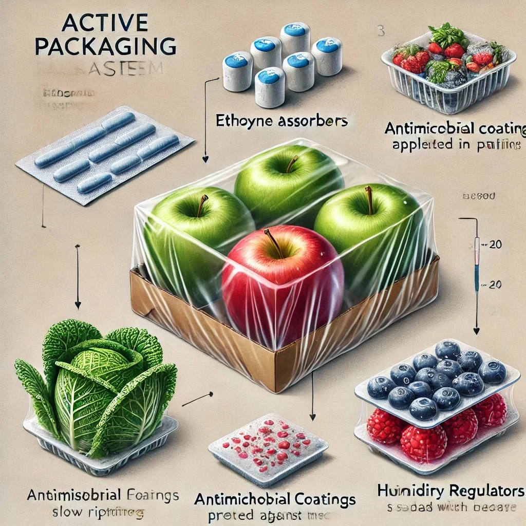 Иллюстрация, демонстрирующая системы активной упаковки для фруктов и овощей. Она включает поглотители этилена, антимикробные покрытия и регуляторы влажности.