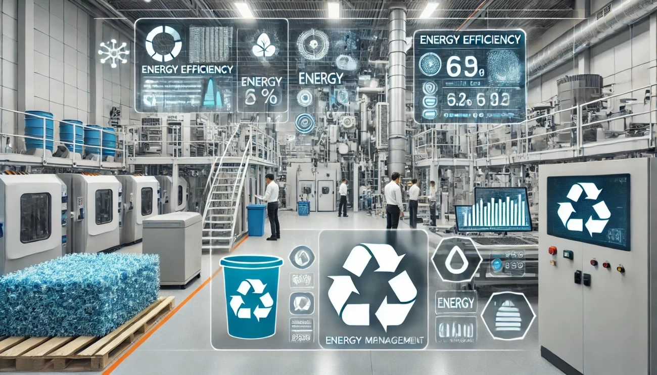 изображение, иллюстрирующее современный завод по переработке пластика, оснащенный специализированной технологией управления энергией. 