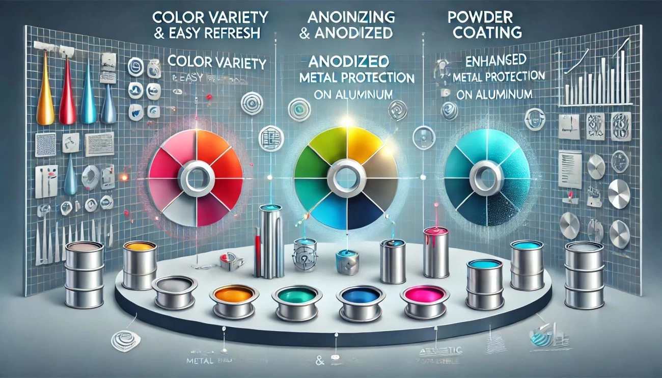 изображение, сравнивающее три метода покрытия: покраска, анодирование и порошковое покрытие. Каждый метод демонстрирует свои преимущества: выбор цвета и обновление для покраски, защита для анодирования и высокая устойчивость для порошкового покрытия.