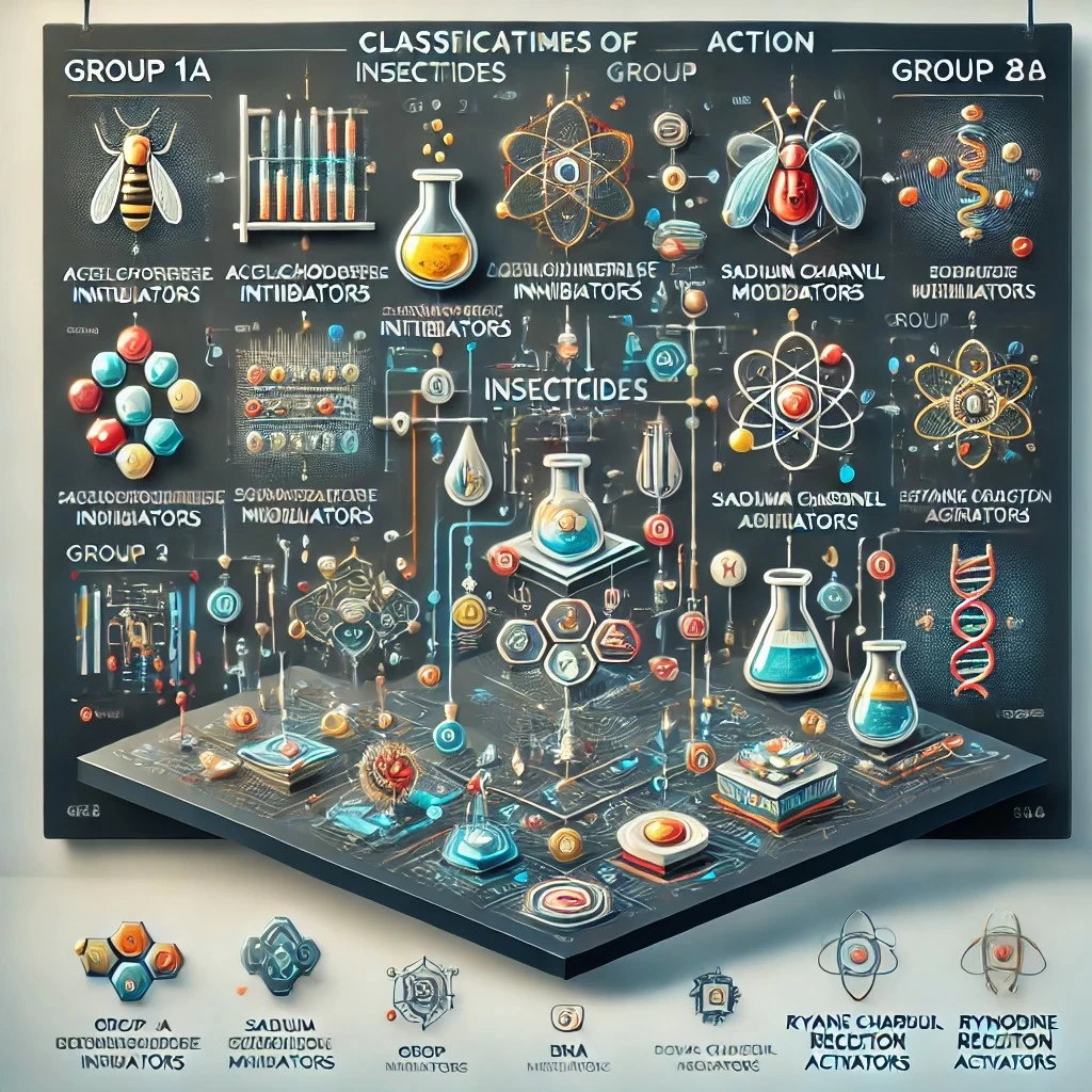 На изображении представлена инфографика, классифицирующая инсектициды по их механизмам действия. 