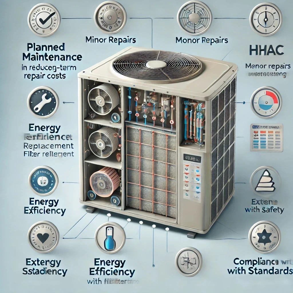 изображение, которое иллюстрирует роль плановых мероприятий в снижении долговременных затрат на ремонт HVAC-систем. 
