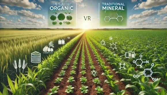 изображение, демонстрирующее различия между органически-минеральными и минеральными удобрениями на сельскохозяйственном поле