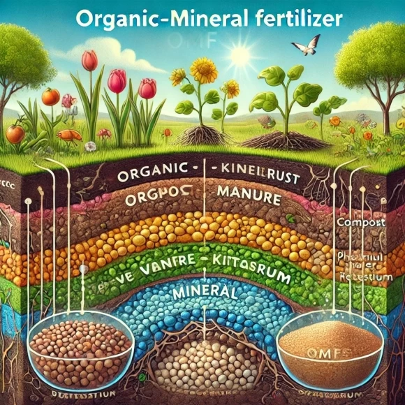 иллюстрация, объясняющая, что такое органически-минеральные удобрения (ОМУ), с изображением органических и минеральных компонентов в почве и их влияние на рост растений.