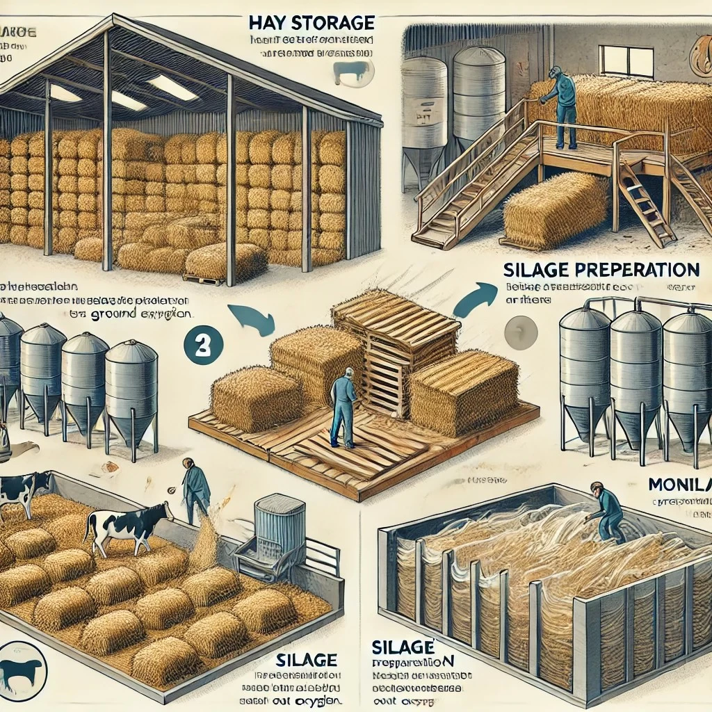 изображение, иллюстрирующее советы по хранению сена и силоса, разделенное на три части: хранение сена, подготовка силоса и мониторинг. 