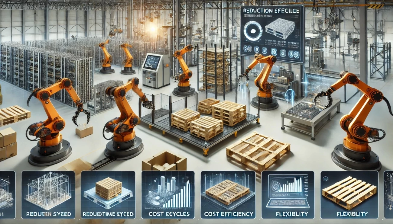 изображение, демонстрирующее возможности роботов в производстве паллет: сокращение времени цикла, снижение затрат на рабочую силу и гибкость производства.