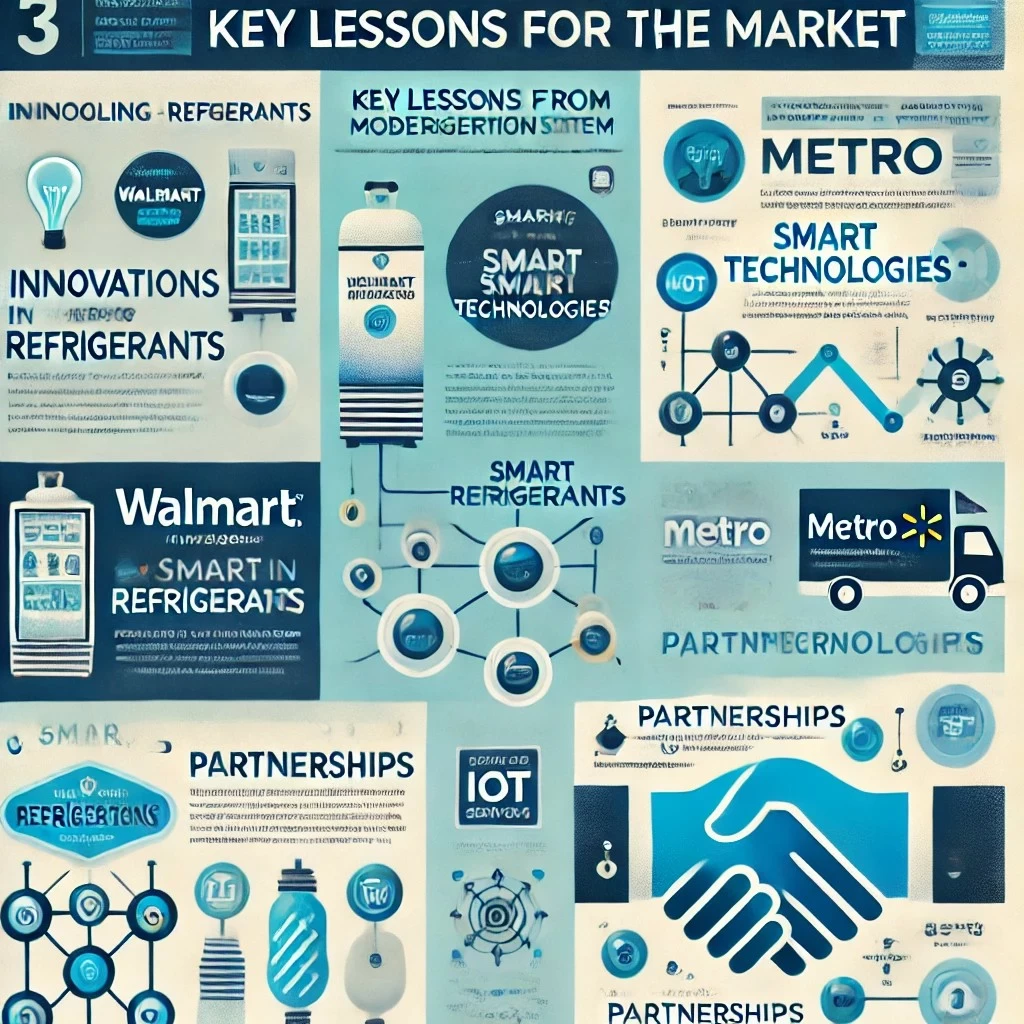 Инфографика, разделенная на три секции — инновации в хладагенте, интеллектуальные технологии и партнерства — с визуальными иконками и текстовыми пояснениями, подчеркивающими ключевые уроки модернизации холодильных систем.